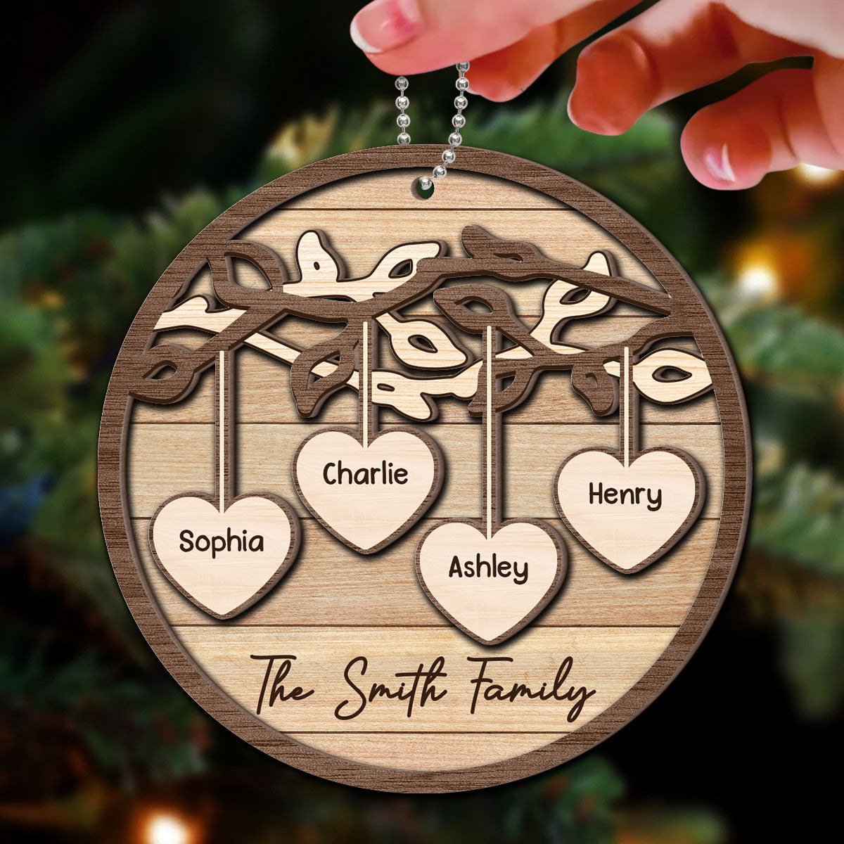 Family Tree Hanging Hearts Personalized 2-Layer Wooden Ornament, Christmas Gift For Family
