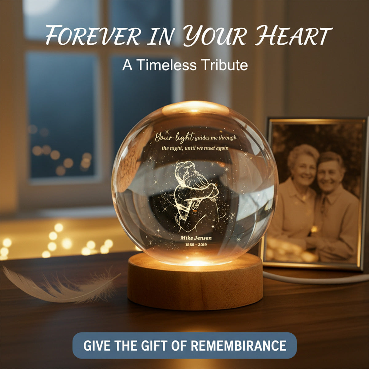 A Piece Of My Heart Lives in Heaven Couple Hugging - Personalized Crystal Ball LED Night Light - Memorial Remembrance Keepsake