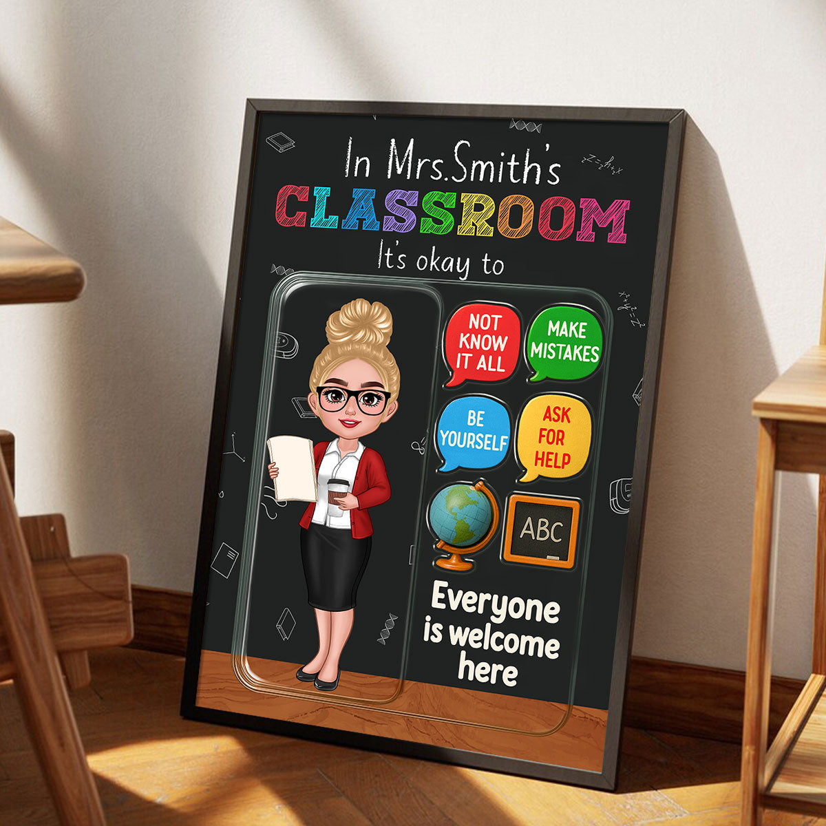 In Teacher Classroom 3D Effect Action Figure Personalized Poster, Back to School Gift for Teachers