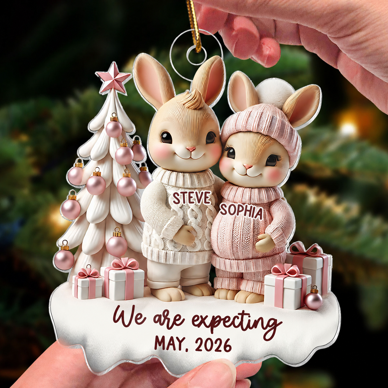 3D Effect Bunny Couple Pregnant Expecting New Baby Christmas Personalized Acrylic Ornament, Pregnancy Announcement Keepsake
