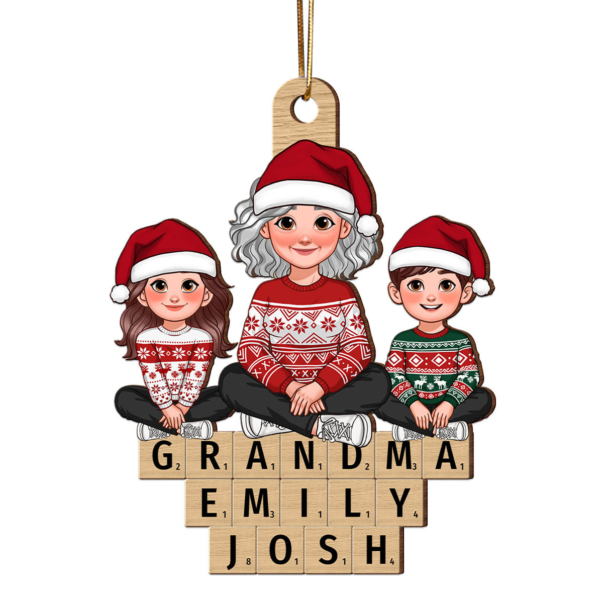 Animated Grandma Grandkids Sitting On Wooden Blocks Personalized Wooden Ornament
