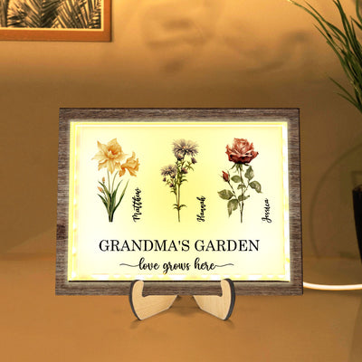 Grandma's Garden Love Grows Here Birth Month Flower Personalized 2-Layered Wooden Plaque with LED, Heartfelt Mother's day gift for Grandma, Mom