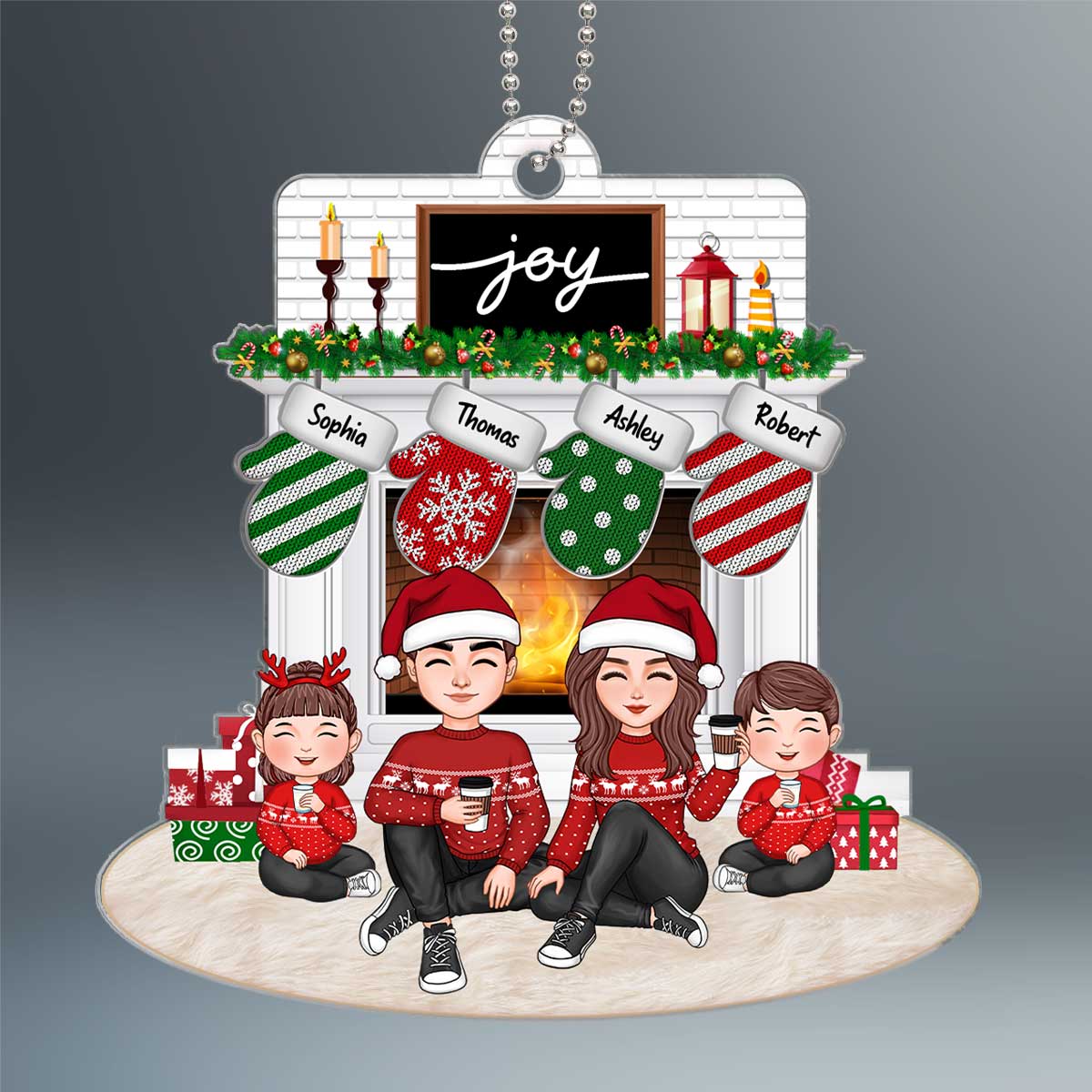 Whole Cute Family Dad Mom Kids Dogs Cats Sitting At Fireplace Christmas Gift Personalized Acrylic Ornament