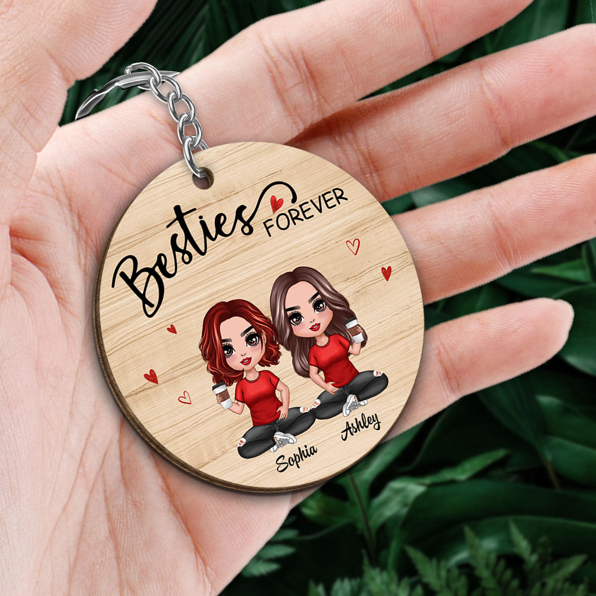 Doll Besties Sisters Sitting Personalized Wooden Keychain