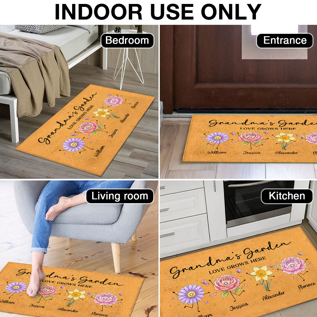 Grandma's Garden Cute Doodle Birth Month Flowers - Personalized Doormat - Home Decor Gift, Birthday Gift For Grandma