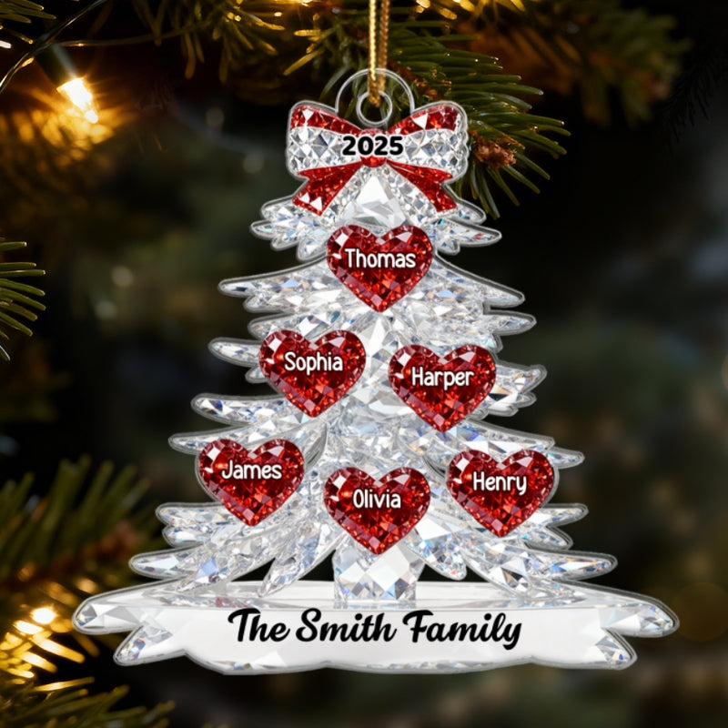 3D Effect Flat Family Christmas Tree Hearts Names - Personalized Acrylic Ornament - Gift For Family