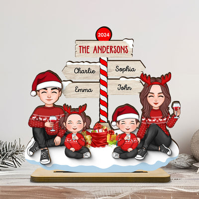 Cute Family Dad Mom Kids Sitting Christmas North Pole Personalized 2-Layer Standing Wooden Plaque