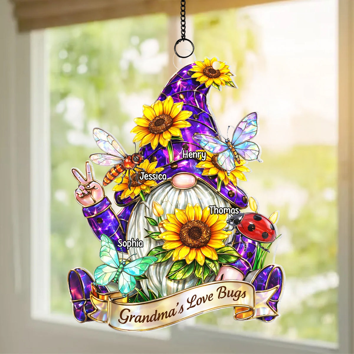 Grandma Love's Bugs Gnome - Personalized Suncatcher Ornament - Heartfelt Mother's Day Gift for Grandma