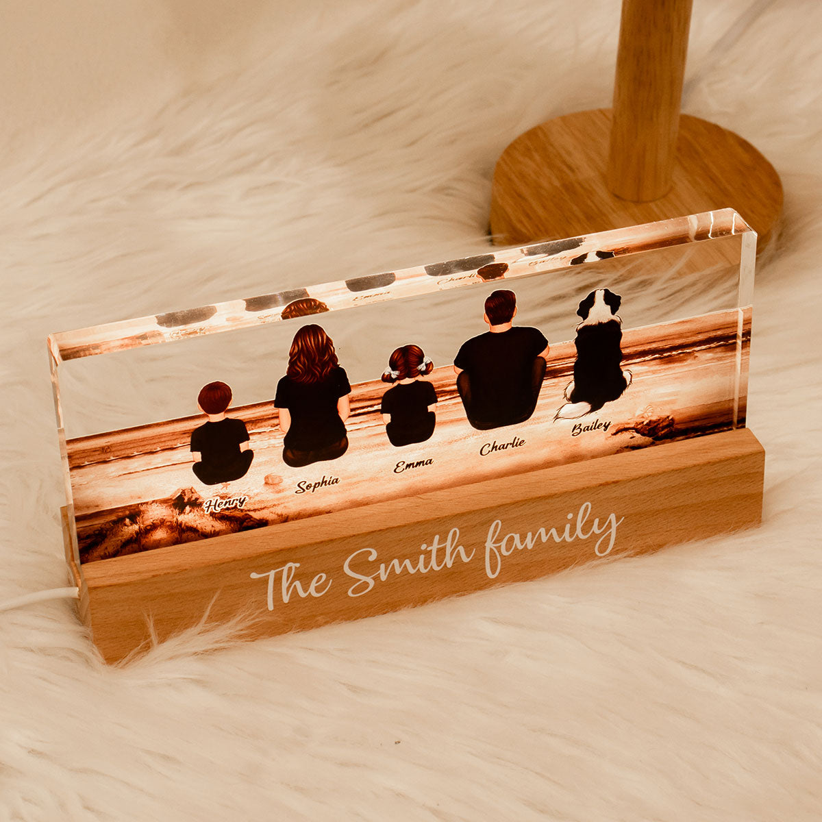 Family Sitting Back View Retro Vintage Beach Landscape Acrylic LED Night Light, Unique Christmas Gift for Family