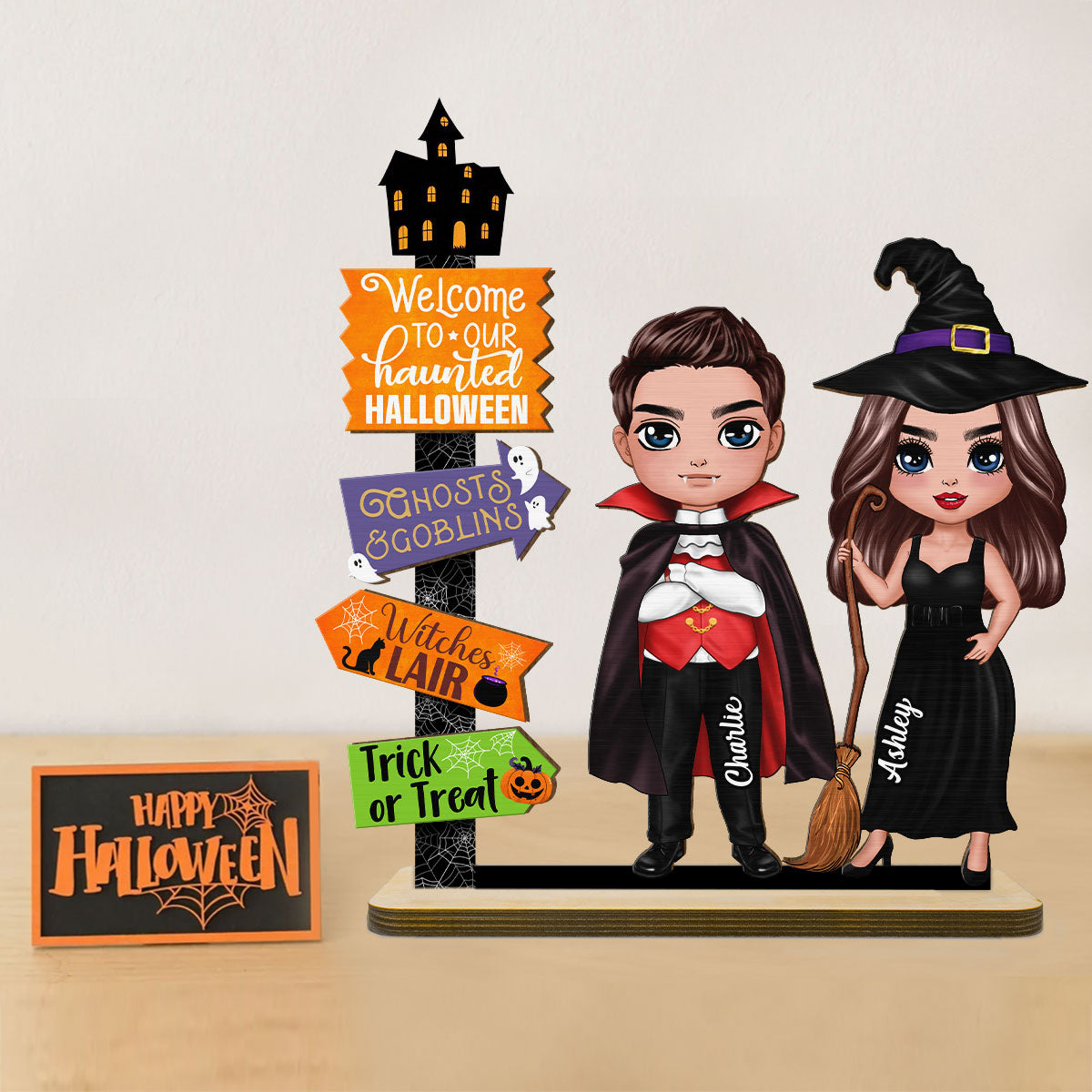 Welcome To Our Haunted House Couple Halloween Tier Tray Decor Personalized 2-Layer Standing Wooden Plaque