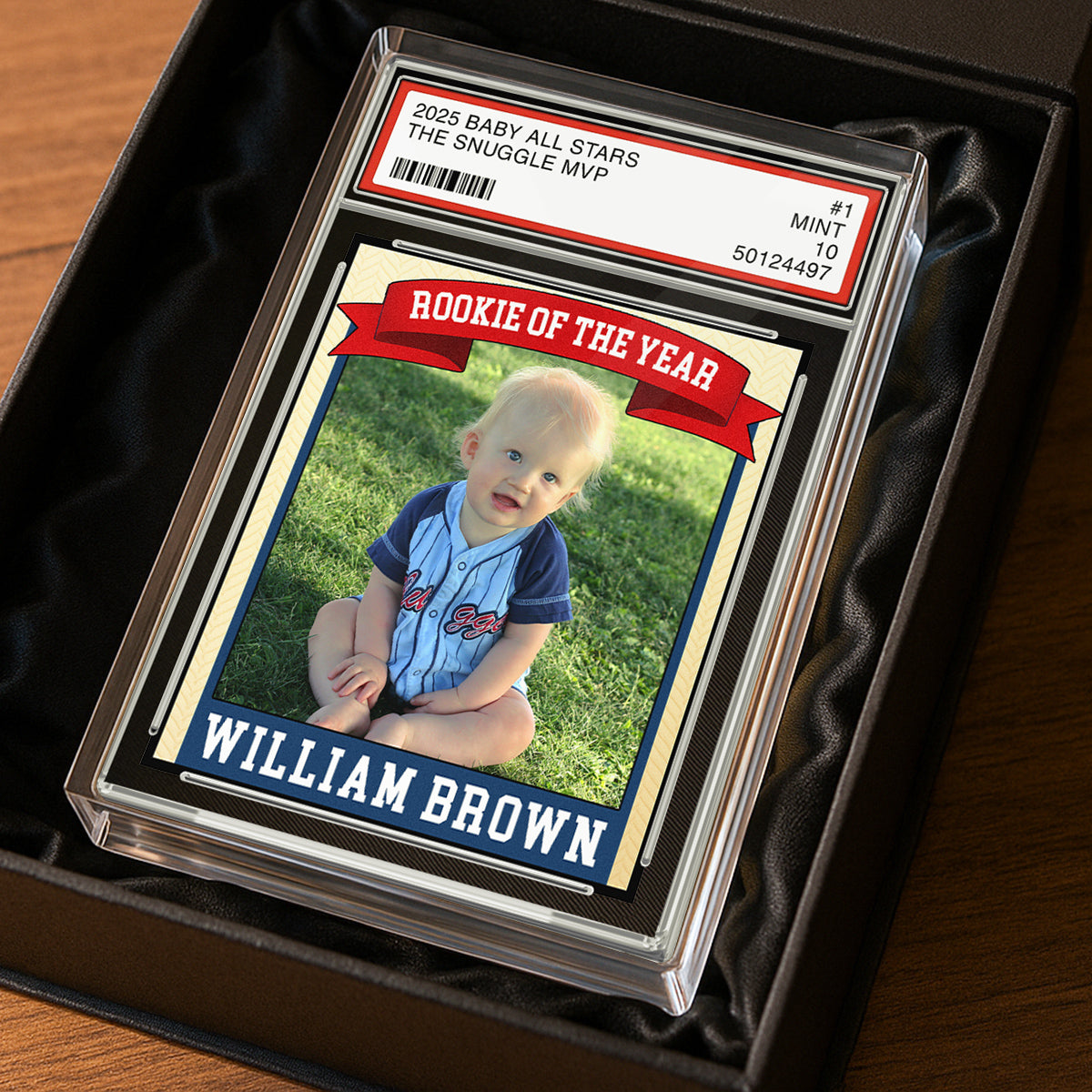 Rookie Baseball Kid All Star, Little Slugger, 1st Birthday Trading Card Style Personalized Acrylic Block Plaque