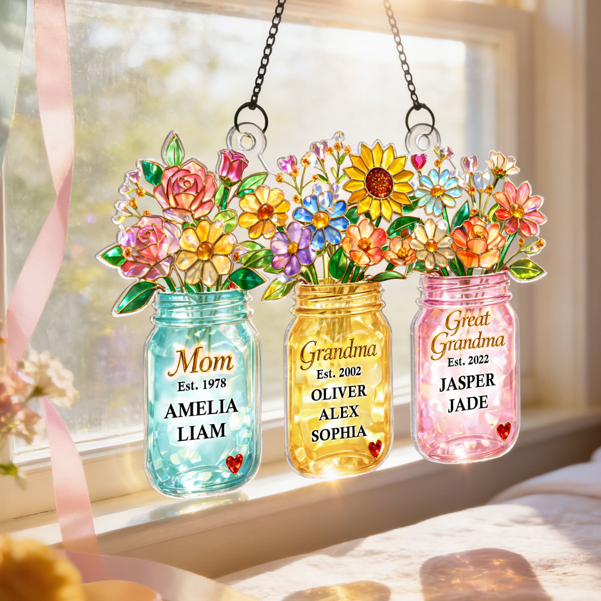 Mom Grandma Greatgrandma Flower - Personalized Acrylic Window Hanging - Heartfelt Gift for Mom, Grandma
