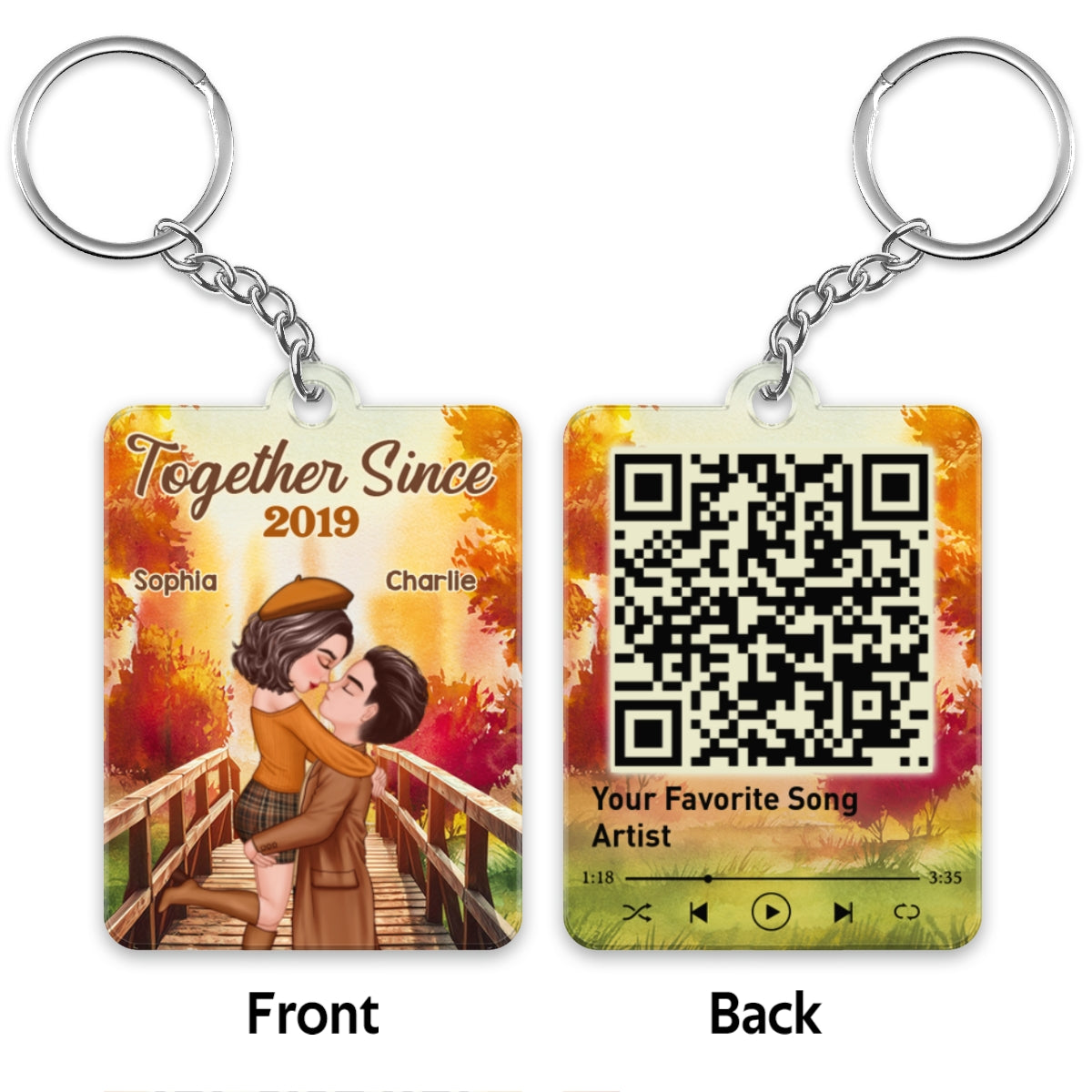 Fall Season Couple Kissing On Bridge Favorite Song QR Code Personalized Acrylic Keychain