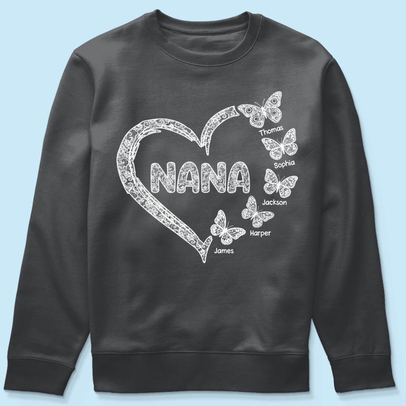 Grandma Lace Pattern Butterflies Heart - Personalized Shirt - Gift For Grandma, Mom