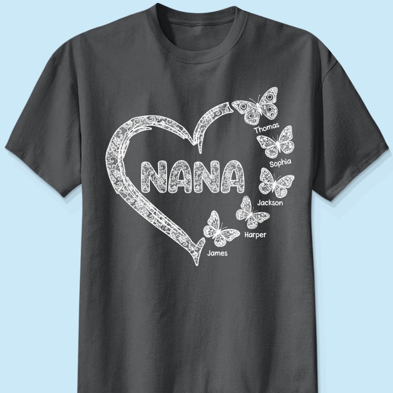 Grandma Lace Pattern Butterflies Heart - Personalized Shirt - Gift For Grandma, Mom