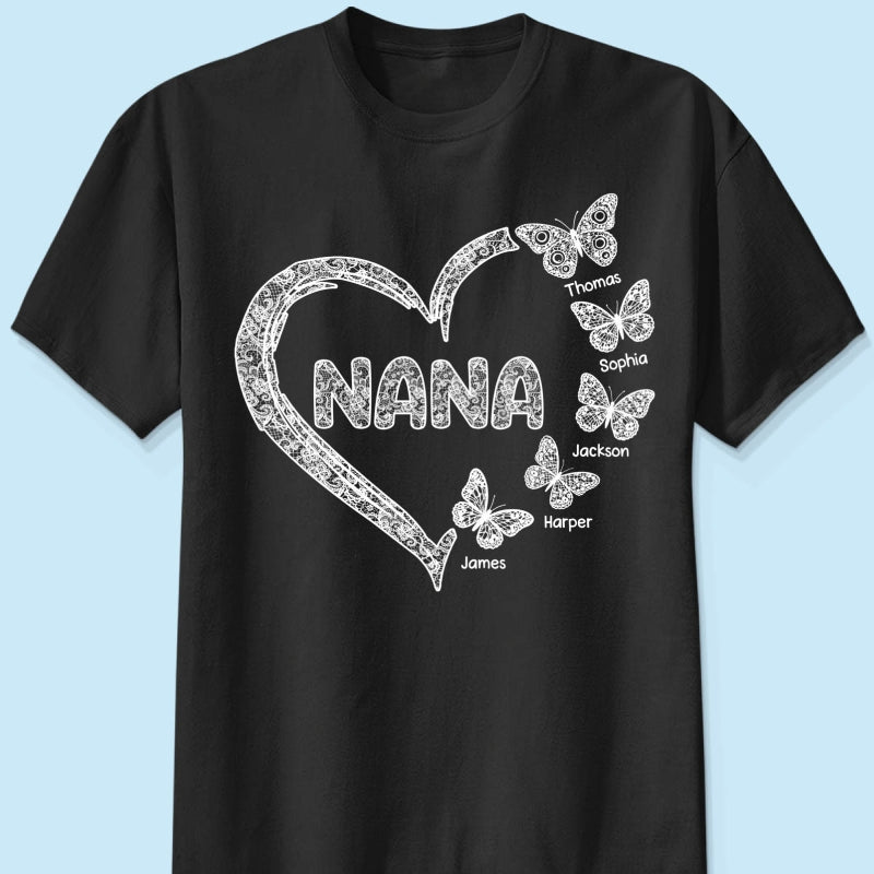 Grandma Lace Pattern Butterflies Heart - Personalized Shirt - Gift For Grandma, Mom