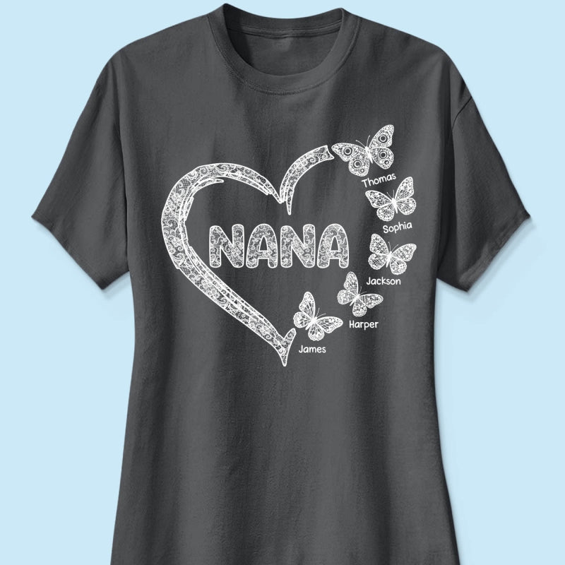 Grandma Lace Pattern Butterflies Heart - Personalized Shirt - Gift For Grandma, Mom