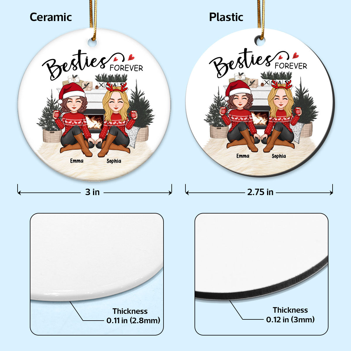 Cute Besties Sitting White Christmas Fireplace Personalized Circle Ornament