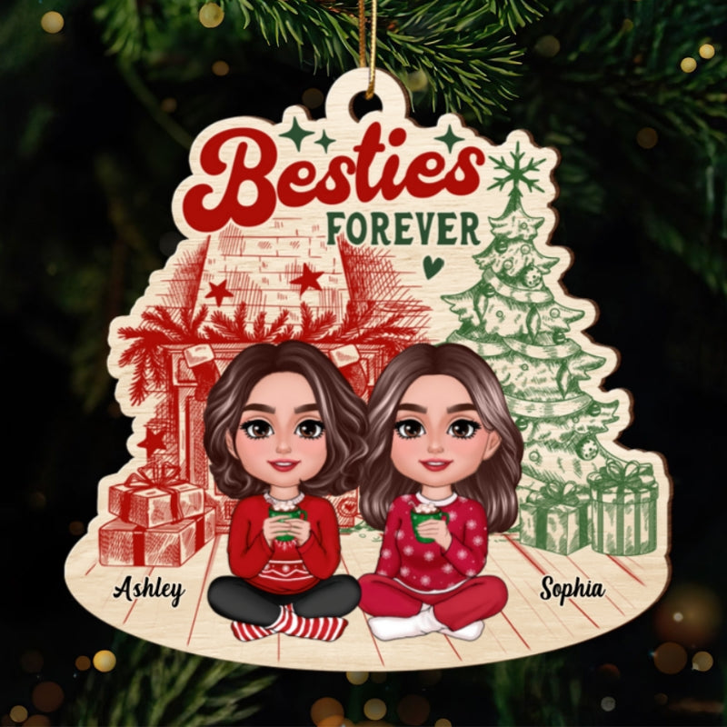 Besties Sisters Sitting Retro Fireplace Christmas Tree Personalized Wooden Ornament