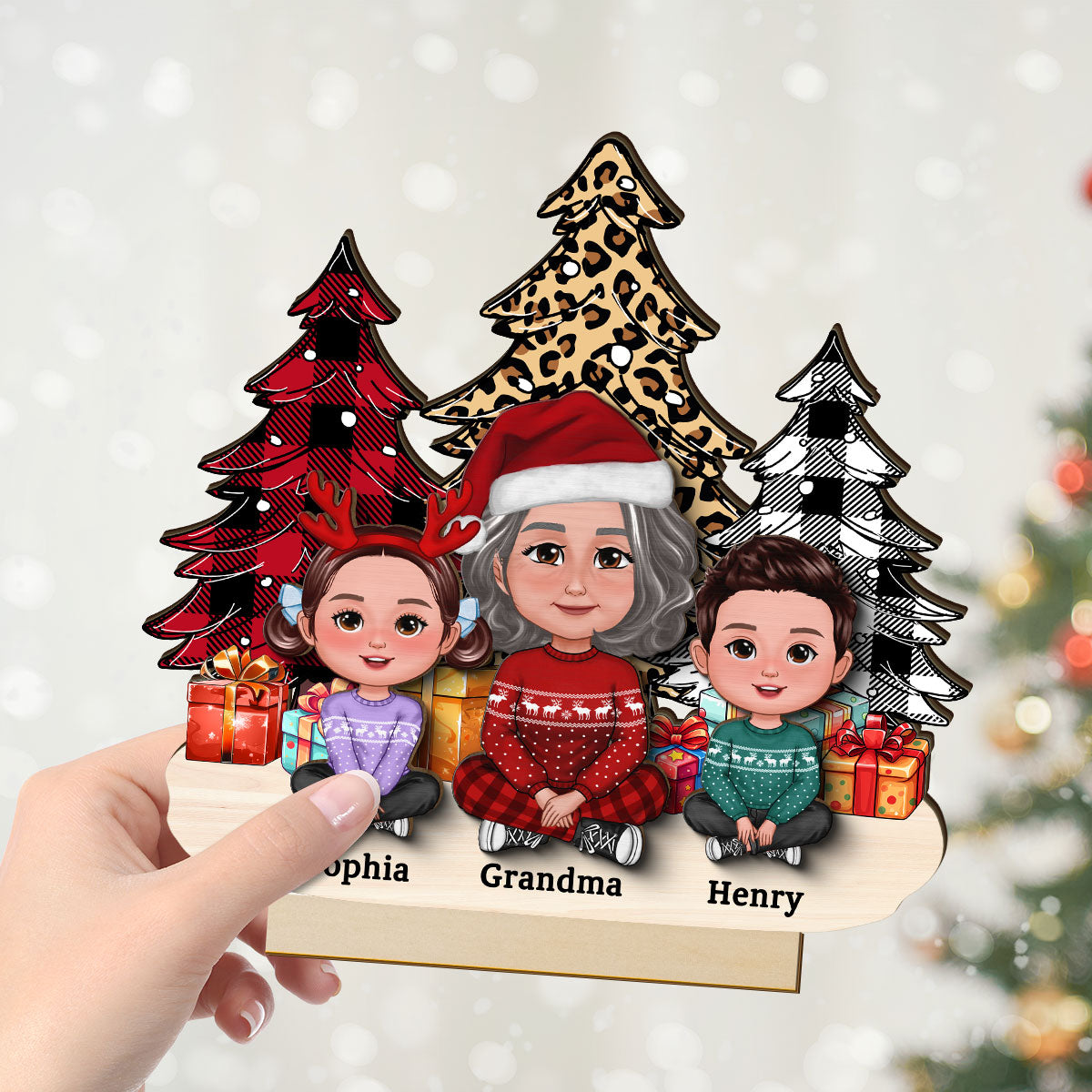 Leopard Checkered Christmas Tree Grandma & Grandkids Tabletop Decor Personalized 2-Layer Standing Wooden Plaque