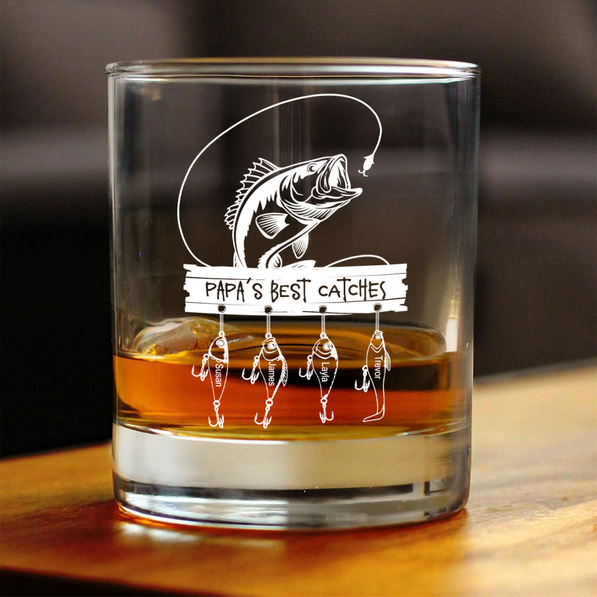 Daddy Grandpa Best Catch Personalized Whiskey Glass, Father's Day gift for Fishing Dad