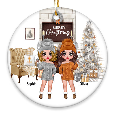 Orange And White Christmas Doll Besties Sisters Standing Personalized Circle Ornament