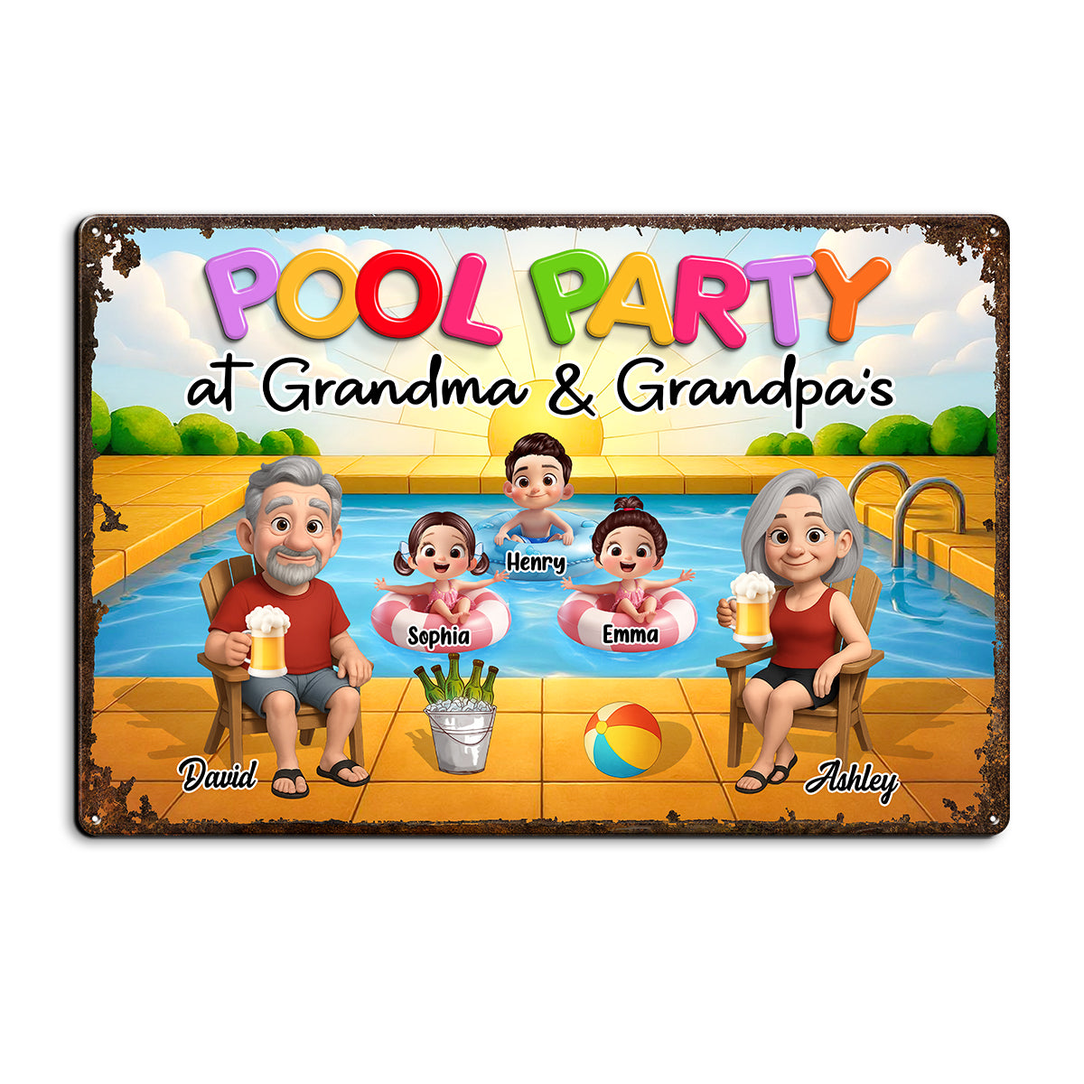 Pool Party At Grandma Grandpa Personalized Metal Sign, Grandparents Hosting Grandkids