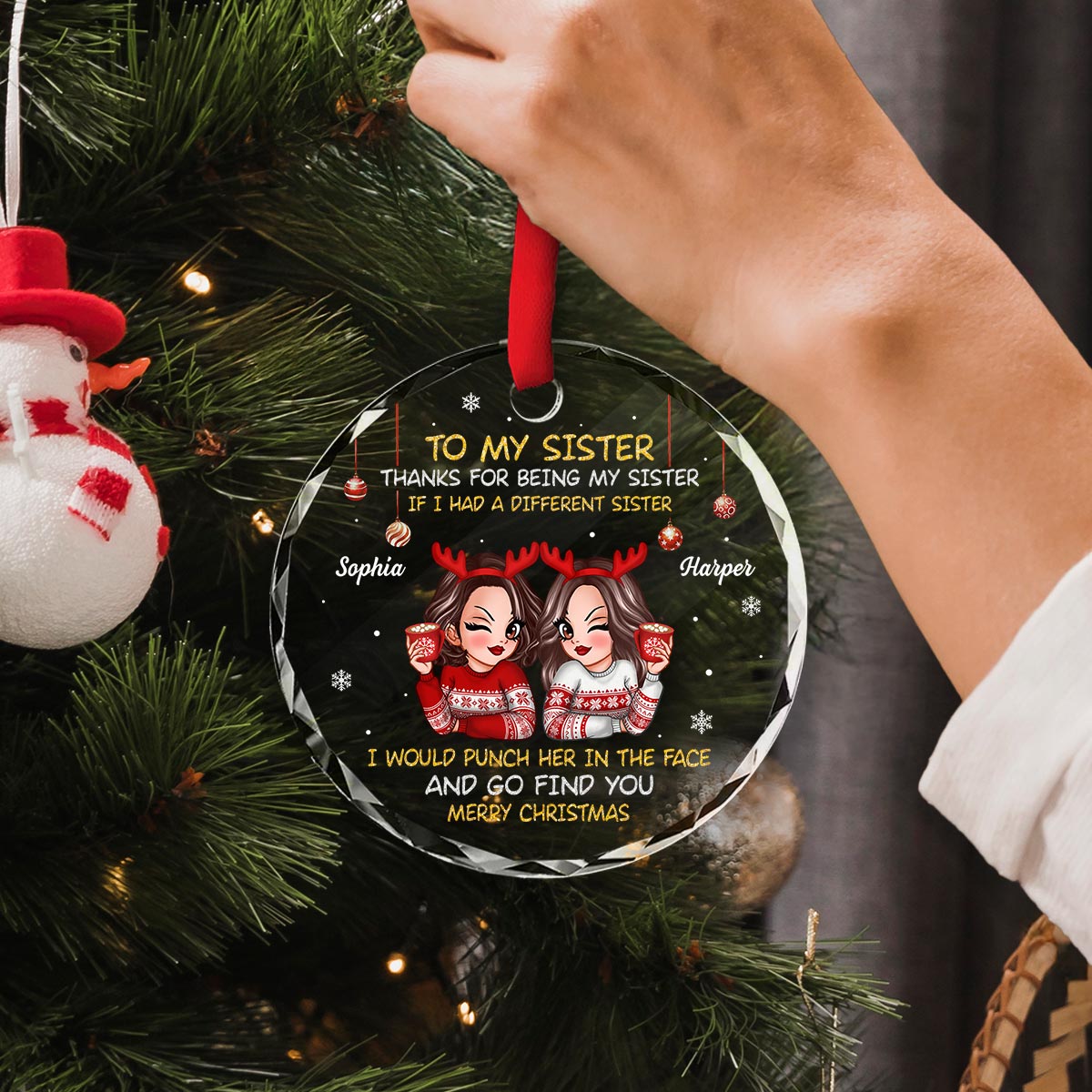 To My Sister Brother Merry Christmas Personalized Glass Ornament, Christmas Gift For Sisters, Brothers