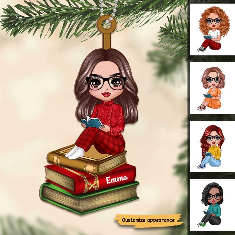 Reading Girls Sitting On Books Personalized Wooden Ornament