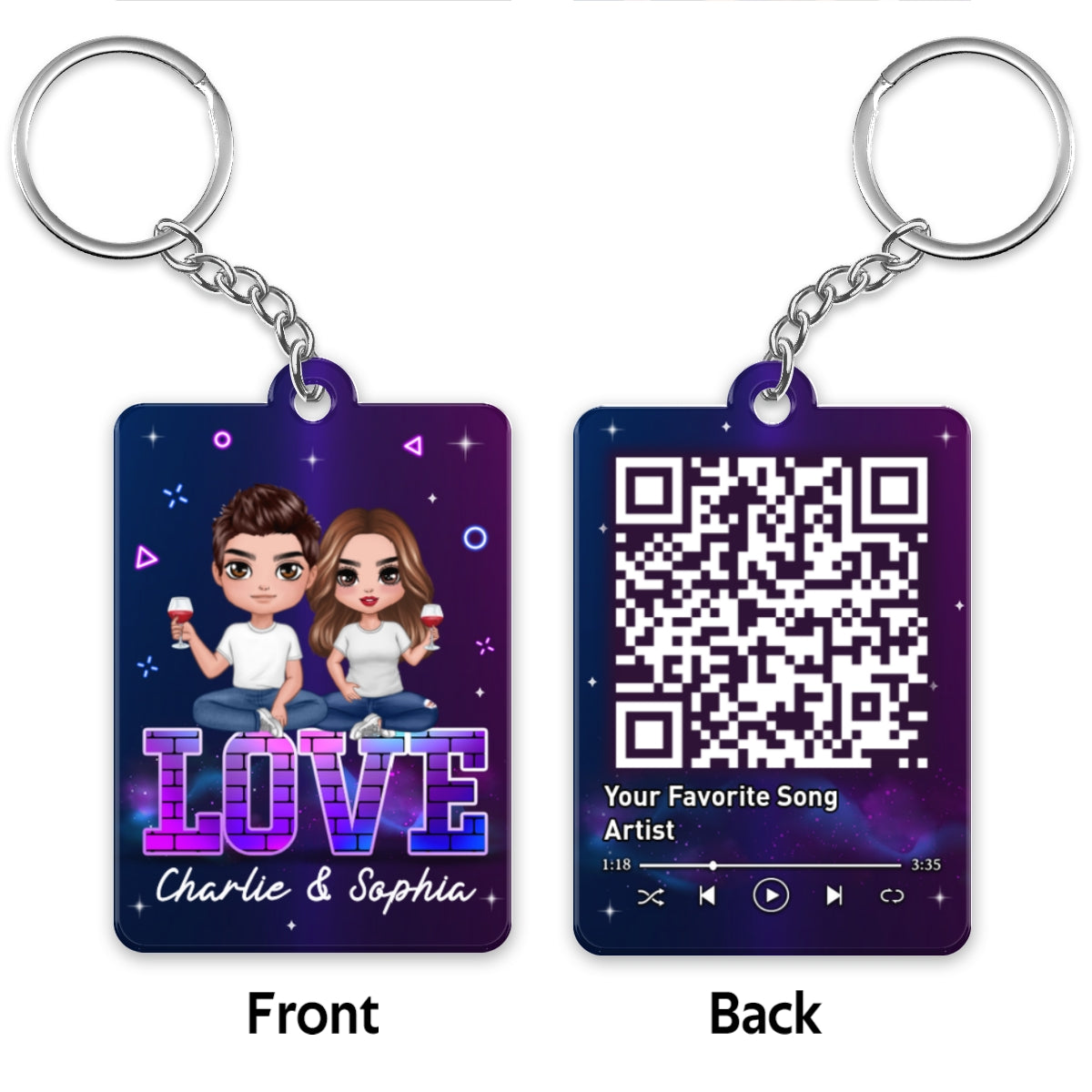 Doll Couple Sitting On Neon Brick Favorite Song QR Code Personalized Acrylic Keychain