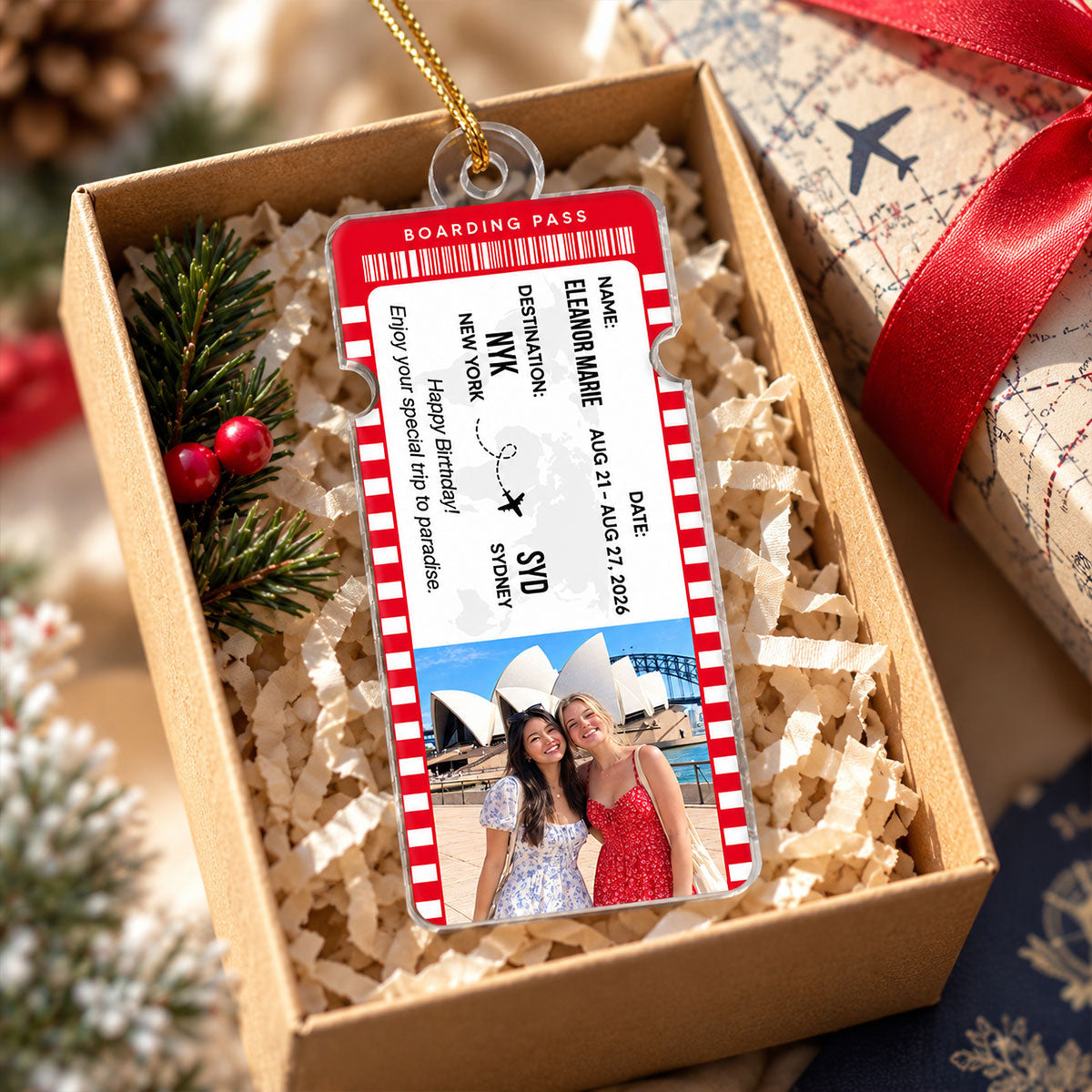 Travel Ticket Photo Keepsake - Personalized Acrylic Ornament - Gift for Best Friends, Couples & Travel Lovers
