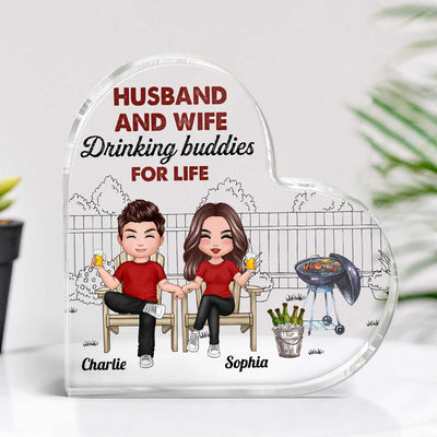 Grilling Drinking Couple Personalized Acrylic Heart Plaque