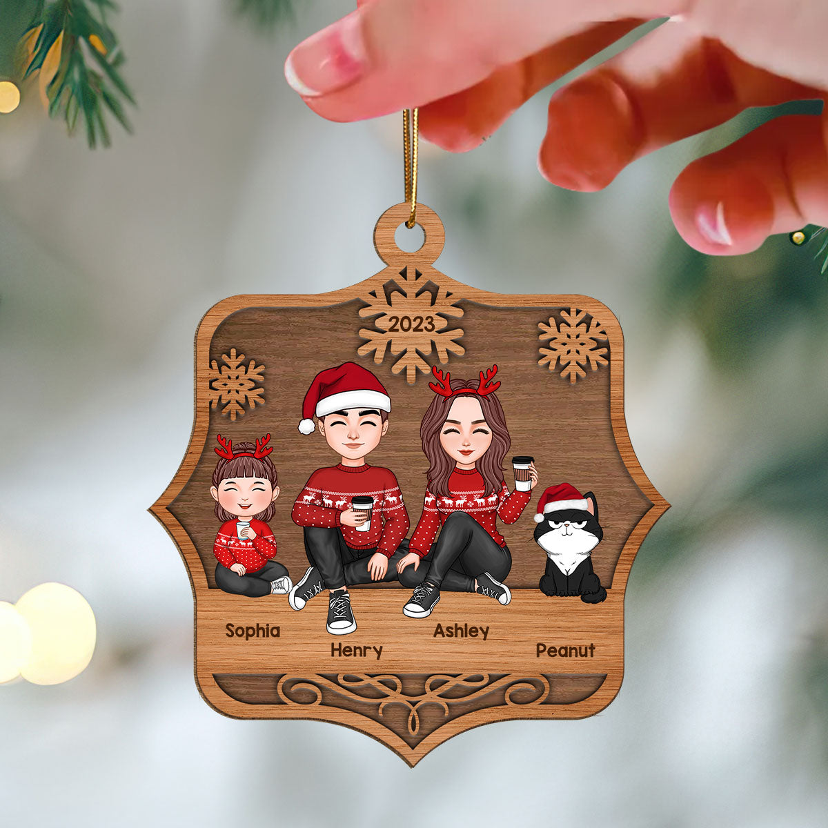 Cute Family Sitting Family Name Personalized Wooden Ornament