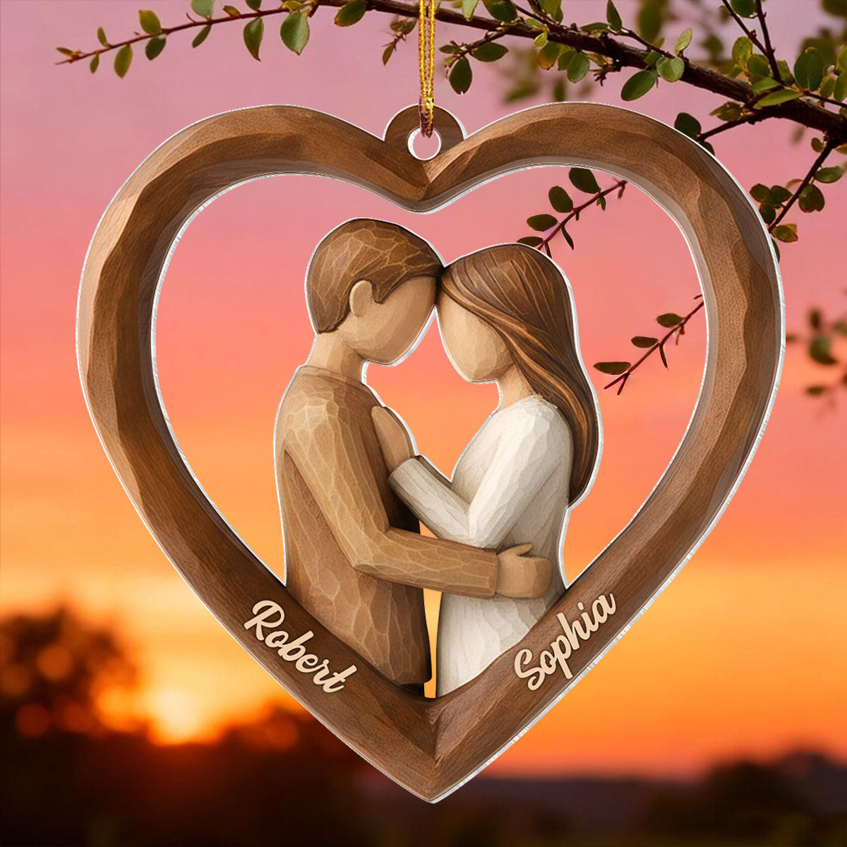 Couple Heart Love 3D Wooden Effect - Personalized Acrylic Ornament - Christmas Gift for Couples