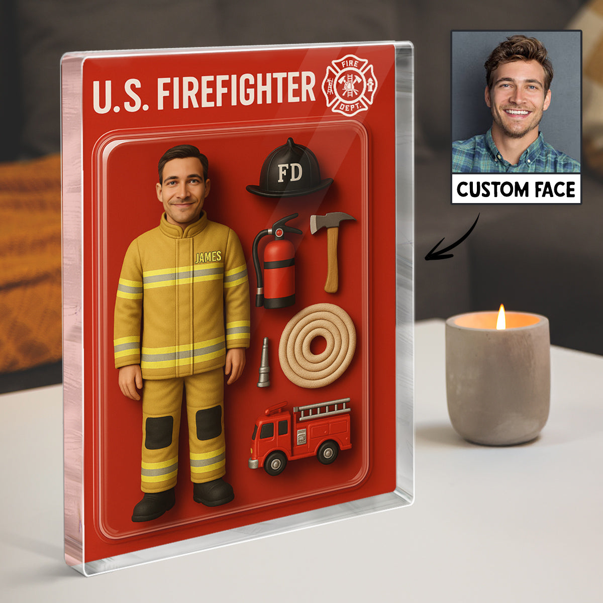 3D Effect Firefighter Custom Figure Personalized Flat Rectangle Acrylic Block| Unique Father's Day Gift For Firefighters, Dad, Husband