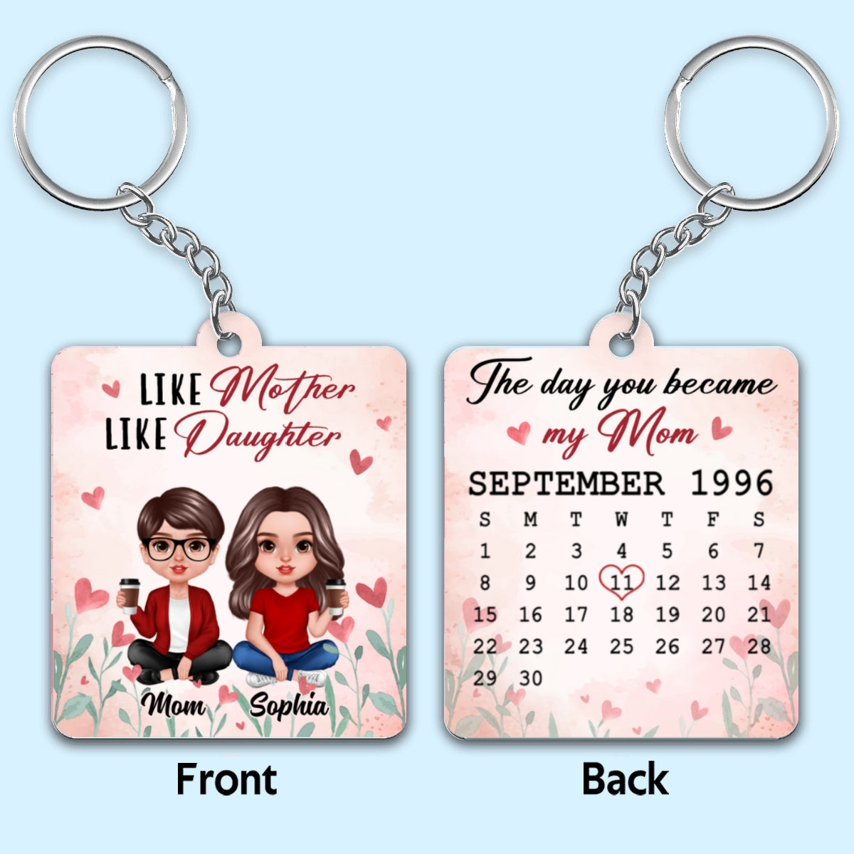 Realistic Mother Daughter Sitting Heart Flower Calendar Date Personalized Wooden Keychain