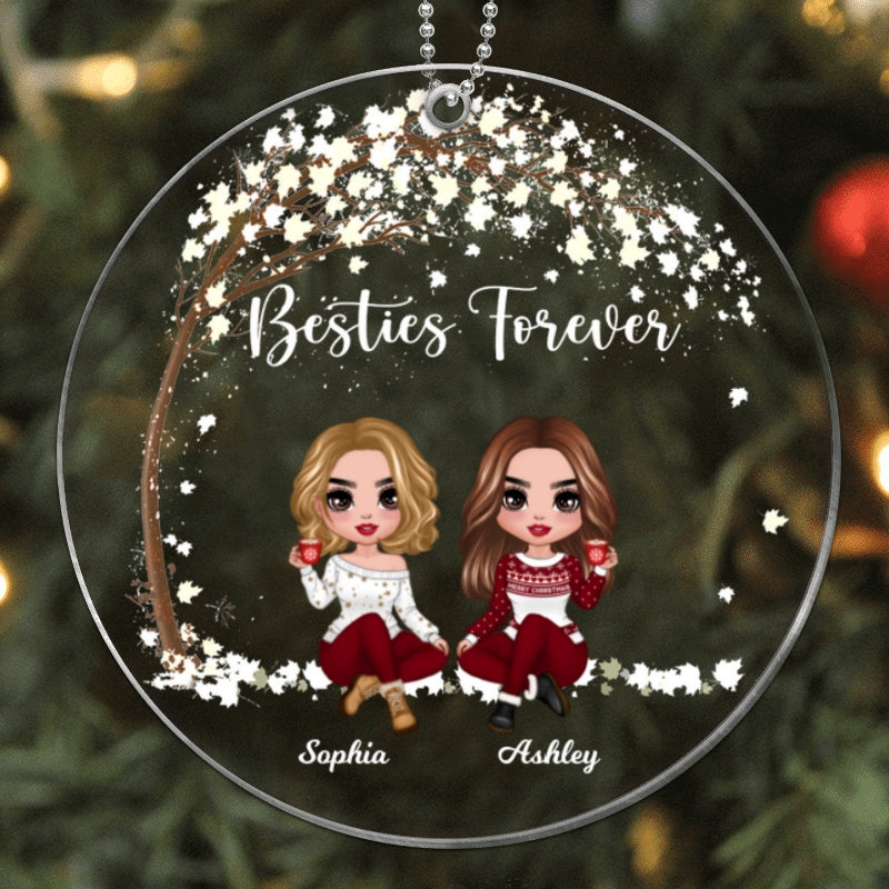 Doll Besties Sisters Sitting Under Tree Christmas Personalized Acrylic Ornament