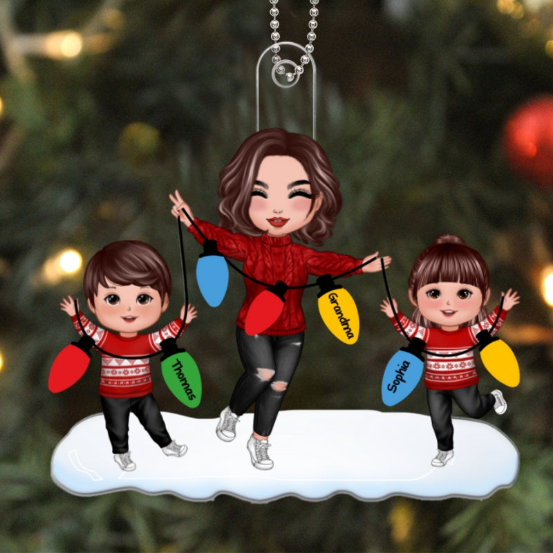 Christmas Lights Happy Doll Grandma Grandkids Personalized Acrylic Ornament