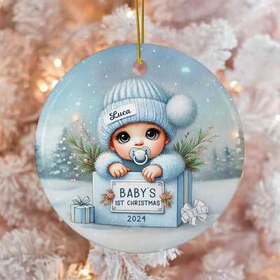 Watercolor Baby Inside Gift Box Personalized Ceramic Ornament, Christmas Gift for New Mom New Dad
