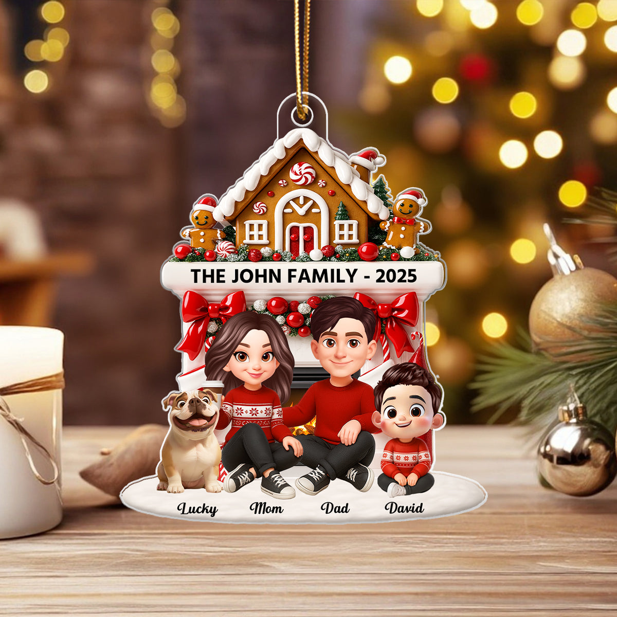 Family Sitting by the Fireplace Personalized Acrylic Ornament - Christmas Gift for Mom, Dad, Children
