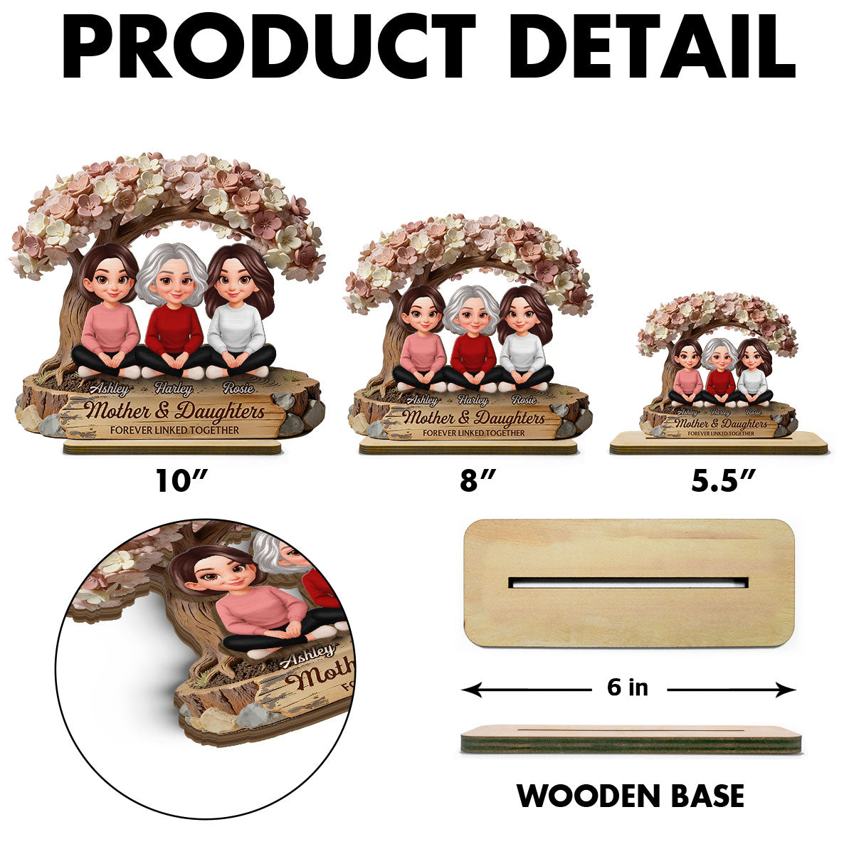 Mom And Daughter Son Under Blossom Tree - Personalized 2-Layered Wooden Plaque - Gift For Mom