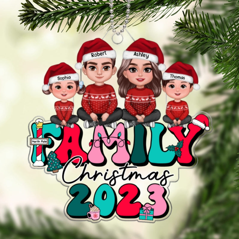 Retro Christmas Family Sitting Crossed Legs Personalized Acrylic Ornament