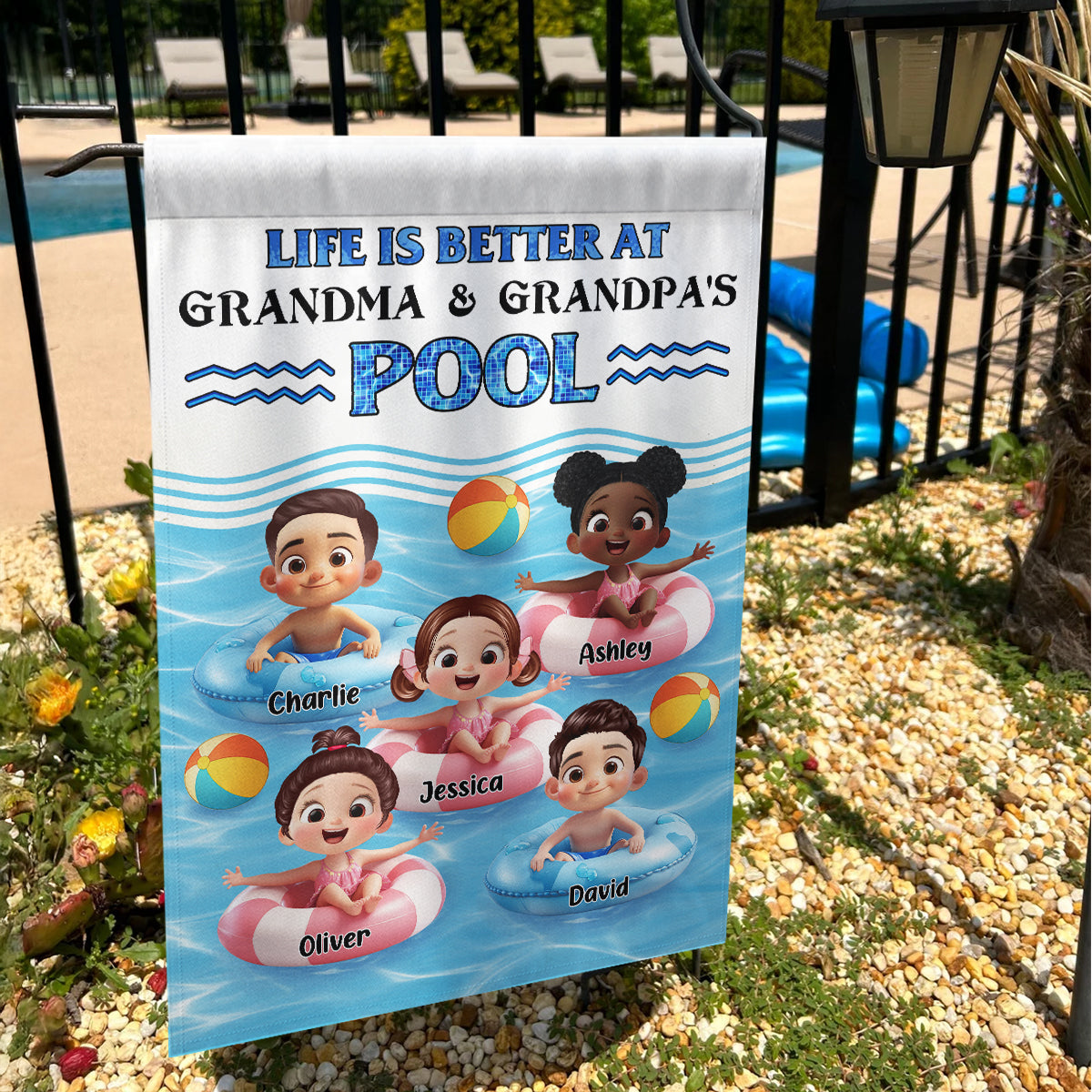 Life is Better at Grandma & Grandpa Pool Personalized Garden Flag, Grandchildren Welcome Flag