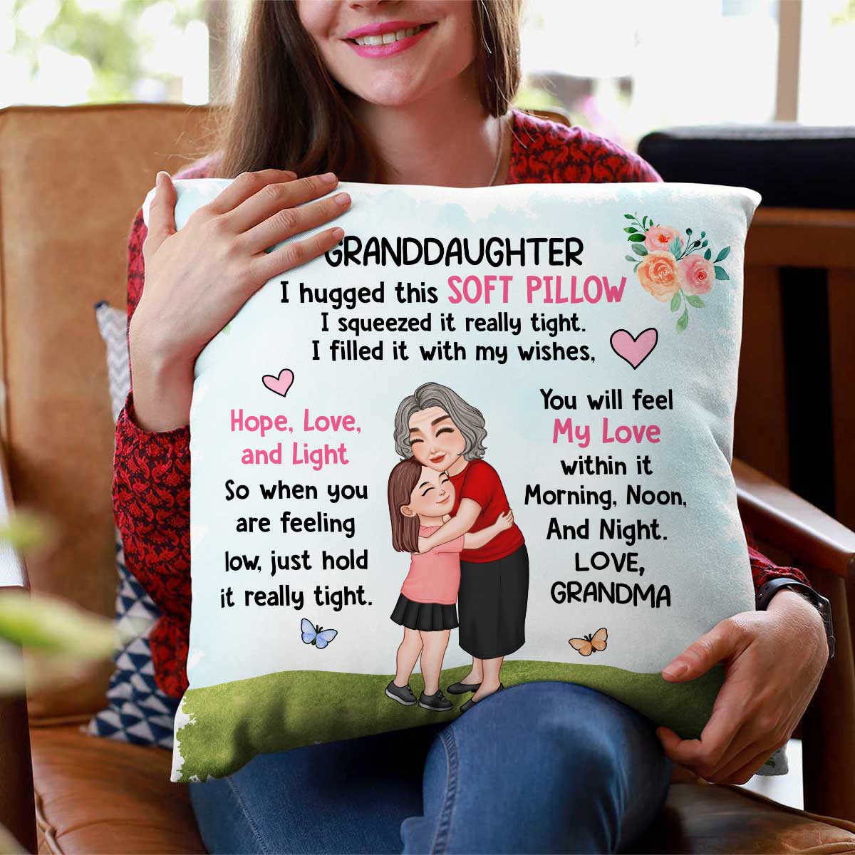 Grandma Granddaughter Grandson Hugging Flowers Blue Sky Personalized Pillow