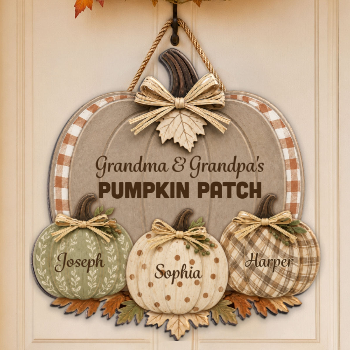 Grandma & Grandpa's Pumpkin Patch Polka Dot Leopard Plaid Pattern Pumpkins 2D Flat Printed - Personalized Door Hanger - Fall Season Decor For Grandparents