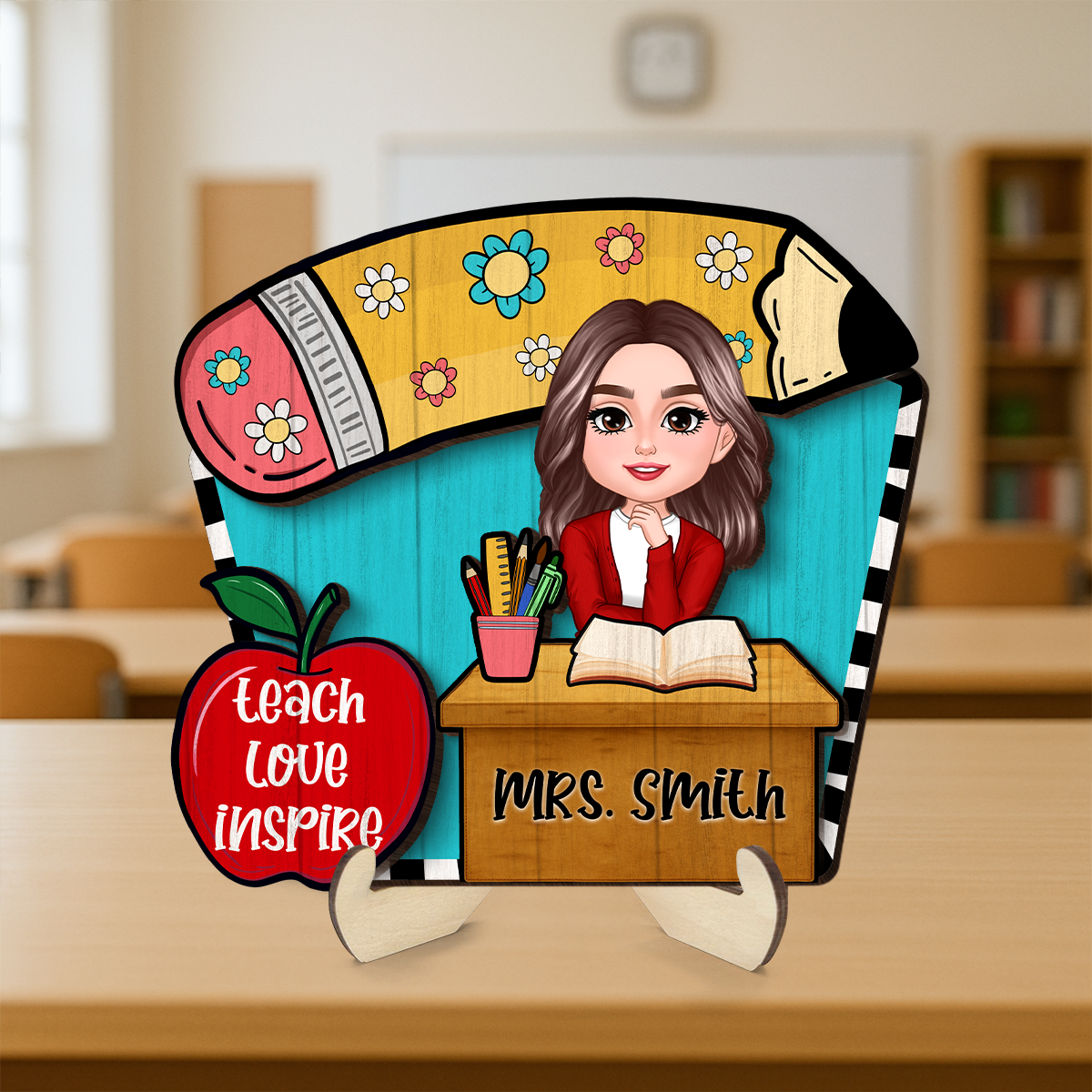 Doll Teacher Sitting At Table Personalized 2-Layer Wooden Plaque, Back to school gift