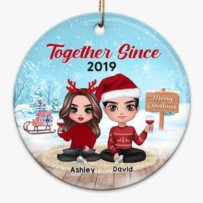 Doll Couple Sitting In Snow Personalized Circle Ornament