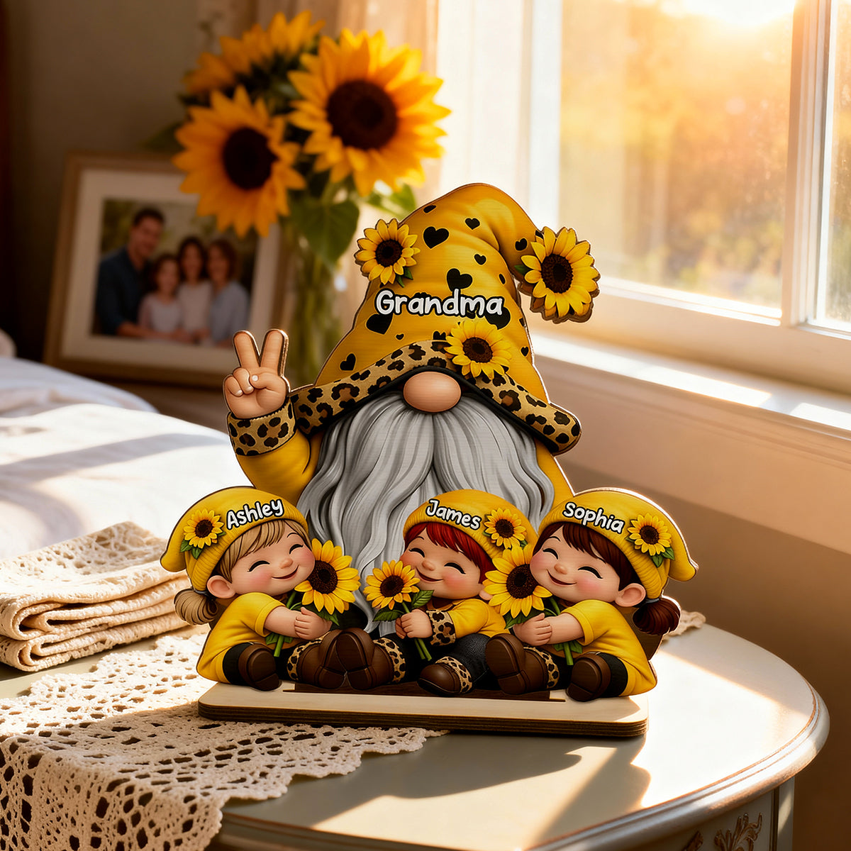 Gnome Grandma & Grandkids Sunflower - Personalized 2-Layered Wooden Plaque - Sentimental Gift for Grandma