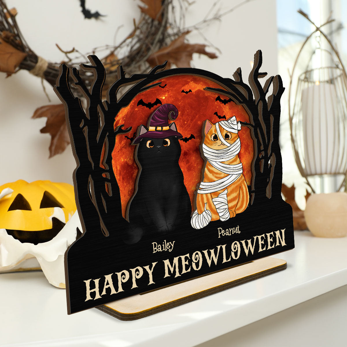 Stay Spooky Halloween Moon Scene Cat Lover Tabletop Tier Tray Decor Personalized 2-Layer Standing Wooden Plaque