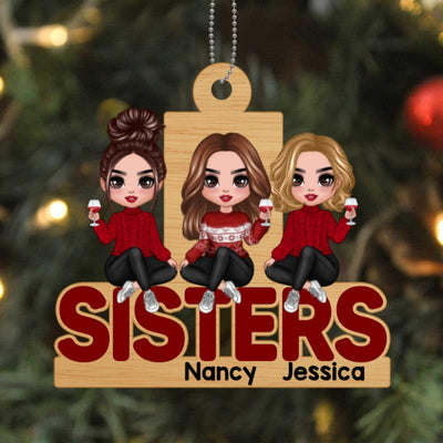 Doll Sisters Sitting On Word Personalized Wooden Ornament